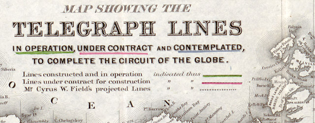 Map showing the telegraph lines in operation, under contract, and contemplated, to complete the circuit of the globe wide thumbnail image Map showing the telegraph lines in operation, under contract, and contemplated, to complete the circuit of the globe wide thumbnail image