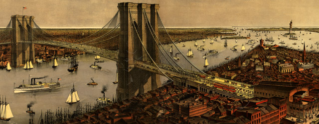 Grand birds eye view of the Great East River Suspension Bridge. Connecting the cities of New York & Brooklyn wide thumbnail image Grand birds eye view of the Great East River Suspension Bridge. Connecting the cities of New York & Brooklyn wide thumbnail image