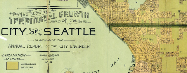 Map showing territorial growth of the city of Seattle (1891) wide thumbnail image Map showing territorial growth of the city of Seattle (1891) wide thumbnail image