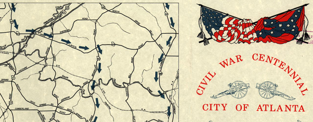 Civil War Centennial, city of Atlanta : showing the area of the three major engagements and deployment of Union and Confederate forces during the summer of 1864 wide thumbnail image Civil War Centennial, city of Atlanta : showing the area of the three major engagements and deployment of Union and Confederate forces during the summer of 1864 wide thumbnail image