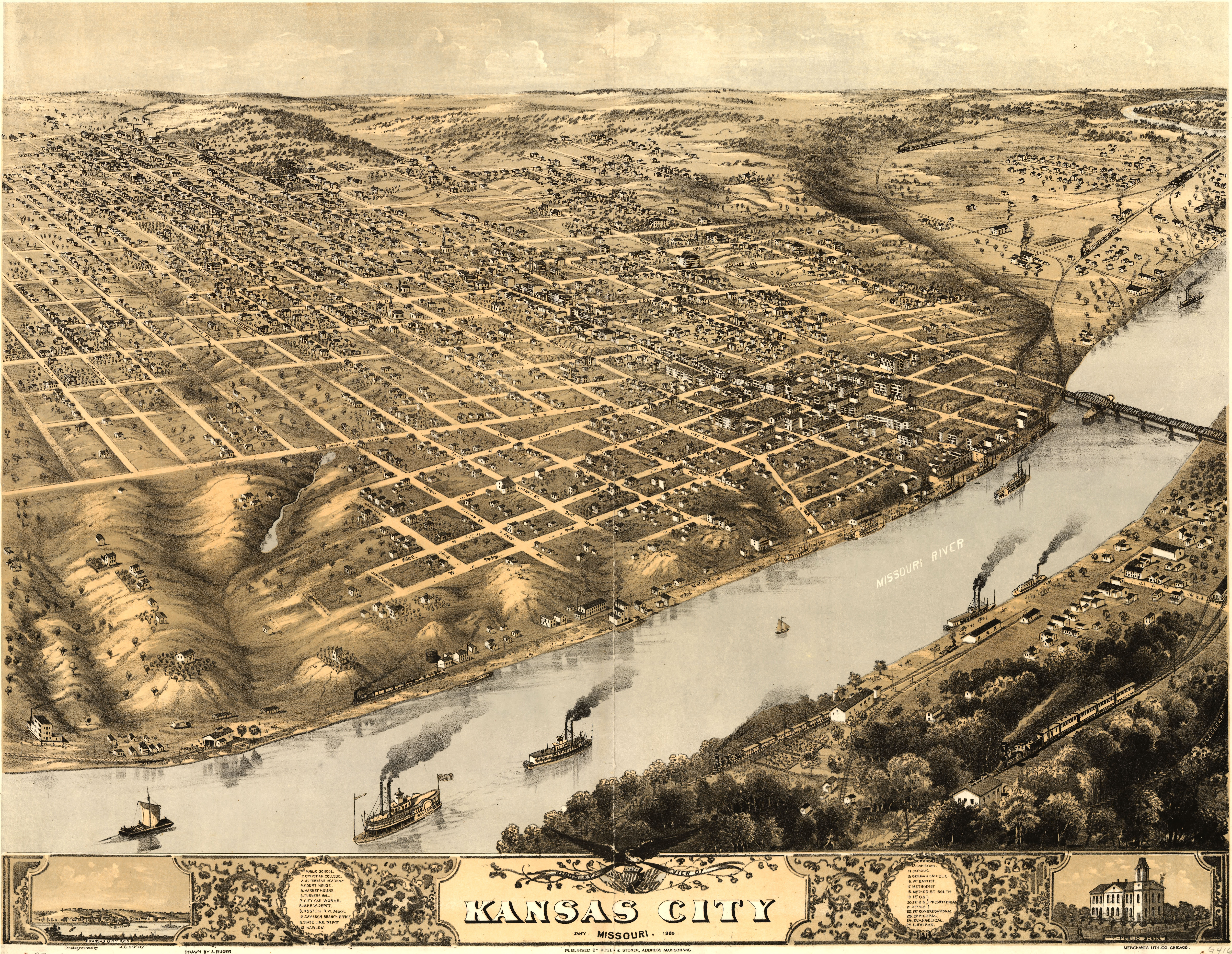 high resolution birds eye view map of kansas city in 1869 7499
