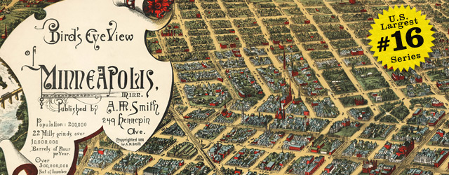Birdseye map of Minneapolis by Smith in 1891 wide thumbnail image Birdseye map of Minneapolis by Smith in 1891 wide thumbnail image